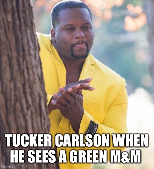 Black guy hiding behind tree |  TUCKER CARLSON WHEN HE SEES A GREEN M&M | image tagged in black guy hiding behind tree | made w/ Imgflip meme maker