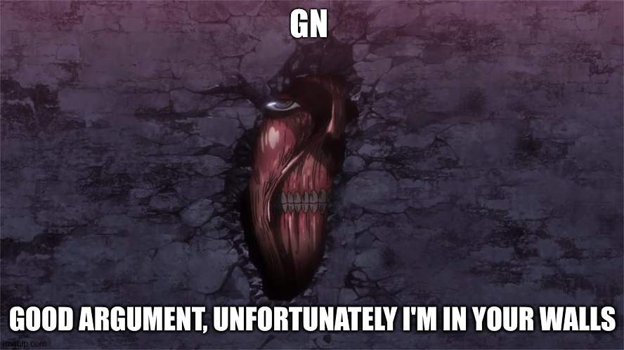 gn | GN | image tagged in good argument unfortunately i'm in your walls | made w/ Imgflip meme maker