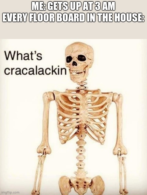 What's cracalackin | ME: GETS UP AT 3 AM
EVERY FLOOR BOARD IN THE HOUSE: | image tagged in what's cracalackin | made w/ Imgflip meme maker
