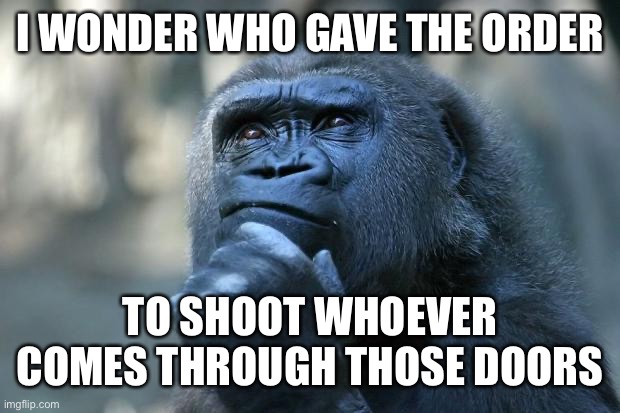 Deep Thoughts | I WONDER WHO GAVE THE ORDER TO SHOOT WHOEVER COMES THROUGH THOSE DOORS | image tagged in deep thoughts | made w/ Imgflip meme maker