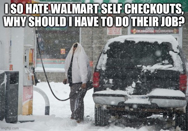 Hypocrisy on display in everyday life. | I SO HATE WALMART SELF CHECKOUTS, WHY SHOULD I HAVE TO DO THEIR JOB? | image tagged in pumping gas during storm,irony,hypocrisy | made w/ Imgflip meme maker