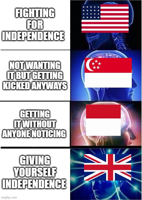 when you know.... | FIGHTING FOR INDEPENDENCE; NOT WANTING IT BUT GETTING KICKED ANYWAYS; GETTING IT WITHOUT ANYONE NOTICING; GIVING YOURSELF INDEPENDENCE | image tagged in memes,expanding brain | made w/ Imgflip meme maker