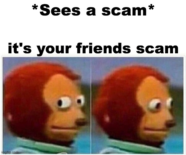 Monkey Puppet | *Sees a scam*; it's your friends scam | image tagged in memes,monkey puppet | made w/ Imgflip meme maker