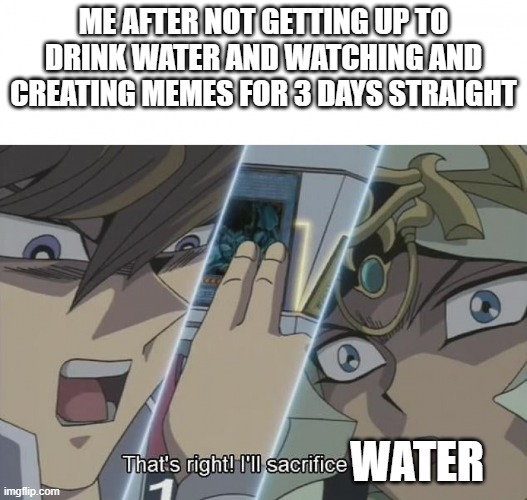 Meme | ME AFTER NOT GETTING UP TO DRINK WATER AND WATCHING AND CREATING MEMES FOR 3 DAYS STRAIGHT; WATER | image tagged in that's right i'll sacrifice god | made w/ Imgflip meme maker
