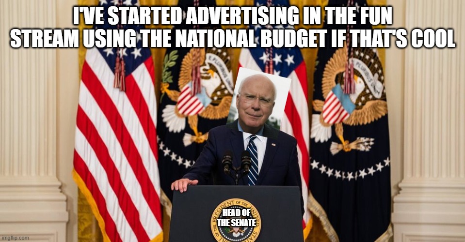 Joe Biden press conference | I'VE STARTED ADVERTISING IN THE FUN STREAM USING THE NATIONAL BUDGET IF THAT'S COOL; HEAD OF THE SENATE | image tagged in joe biden press conference | made w/ Imgflip meme maker