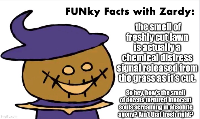 Fun fact | the smell of freshly cut lawn is actually a chemical distress signal released from the grass as it’s cut. So hey, how’s the smell of dozens tortured innocent souls screaming in absolute agony? Ain’t that fresh right? | image tagged in funky facts with zardy | made w/ Imgflip meme maker