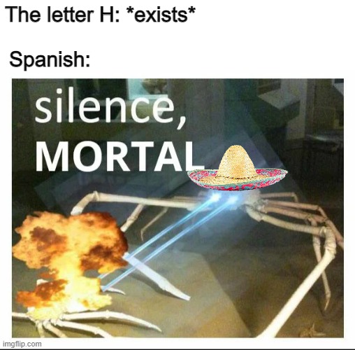 Spanish:; The letter H: *exists* | image tagged in language | made w/ Imgflip meme maker