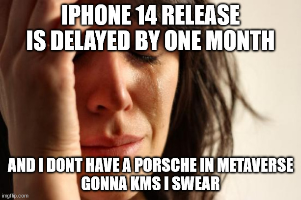 how dare you make fun of my problems | IPHONE 14 RELEASE IS DELAYED BY ONE MONTH; AND I DONT HAVE A PORSCHE IN METAVERSE
GONNA KMS I SWEAR | image tagged in memes,first world problems | made w/ Imgflip meme maker