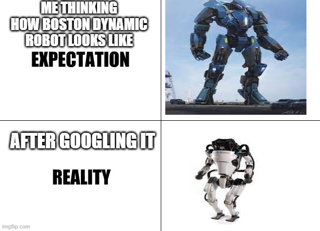 AFTER HEARING WHAT BOSTON DYNAMIC ARE DOING!! |  ME THINKING HOW BOSTON DYNAMIC ROBOT LOOKS LIKE; AFTER GOOGLING IT | image tagged in expectation vs reality,funny memes,meme,reality | made w/ Imgflip meme maker