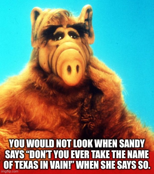 ALF comments on SpongeBob SquarePants clip | YOU WOULD NOT LOOK WHEN SANDY SAYS “DON’T YOU EVER TAKE THE NAME OF TEXAS IN VAIN!” WHEN SHE SAYS SO. | image tagged in alf the alien | made w/ Imgflip meme maker