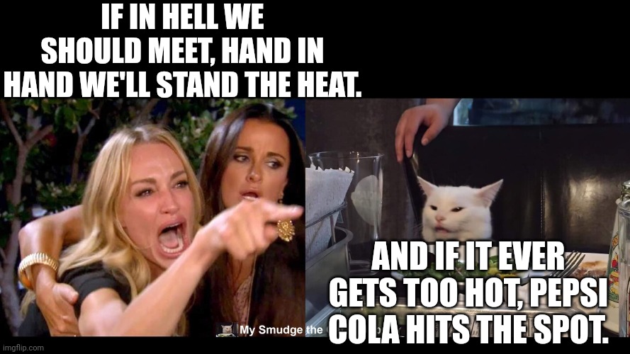 IF IN HELL WE SHOULD MEET, HAND IN HAND WE'LL STAND THE HEAT. AND IF IT EVER GETS TOO HOT, PEPSI COLA HITS THE SPOT. | image tagged in smudge the cat | made w/ Imgflip meme maker