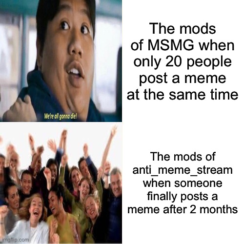 That stream is dead | The mods of MSMG when only 20 people post a meme at the same time; The mods of anti_meme_stream when someone finally posts a meme after 2 months | image tagged in memes,drake hotline bling | made w/ Imgflip meme maker