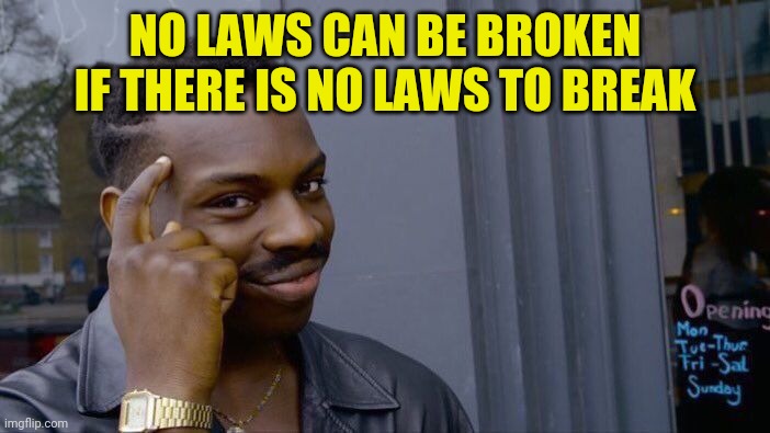 No laws = no crimes | NO LAWS CAN BE BROKEN IF THERE IS NO LAWS TO BREAK | image tagged in memes,roll safe think about it,laws,funny,gifs,not really a gif | made w/ Imgflip meme maker