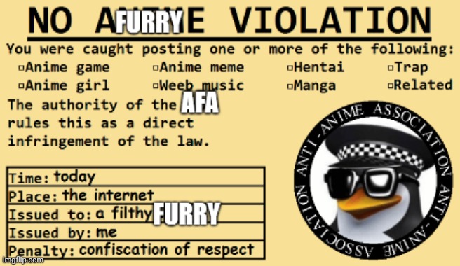 Anti furry violation | image tagged in anti furry violation | made w/ Imgflip meme maker