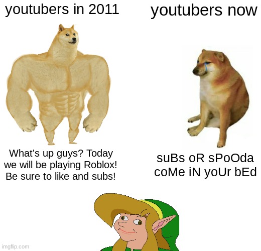 Buff Doge vs. Cheems | youtubers in 2011; youtubers now; What's up guys? Today we will be playing Roblox! Be sure to like and subs! suBs oR sPoOda coMe iN yoUr bEd | image tagged in memes,buff doge vs cheems | made w/ Imgflip meme maker