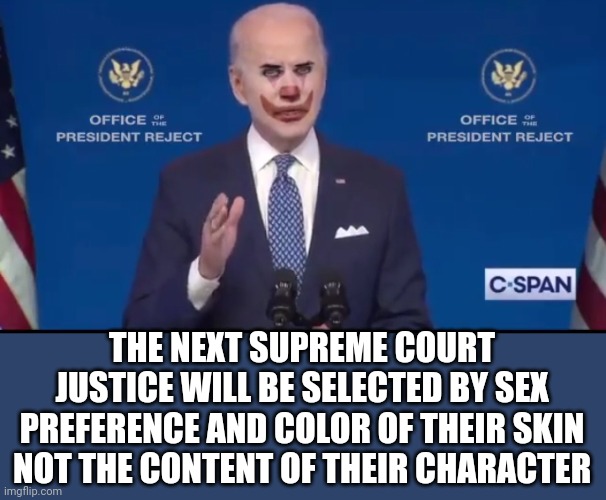 Joe biden clown |  THE NEXT SUPREME COURT JUSTICE WILL BE SELECTED BY SEX PREFERENCE AND COLOR OF THEIR SKIN NOT THE CONTENT OF THEIR CHARACTER | image tagged in joe biden clown | made w/ Imgflip meme maker