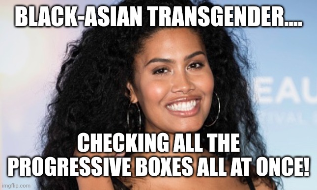 Super progressive |  BLACK-ASIAN TRANSGENDER.... CHECKING ALL THE PROGRESSIVE BOXES ALL AT ONCE! | image tagged in conservative,progressive,lgbt,republican,liberal,gay pride | made w/ Imgflip meme maker