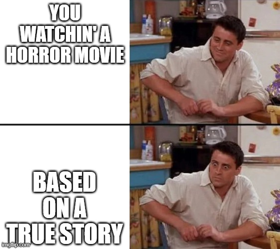 Surprised Joey | YOU WATCHIN' A HORROR MOVIE; BASED ON A TRUE STORY | image tagged in surprised joey | made w/ Imgflip meme maker