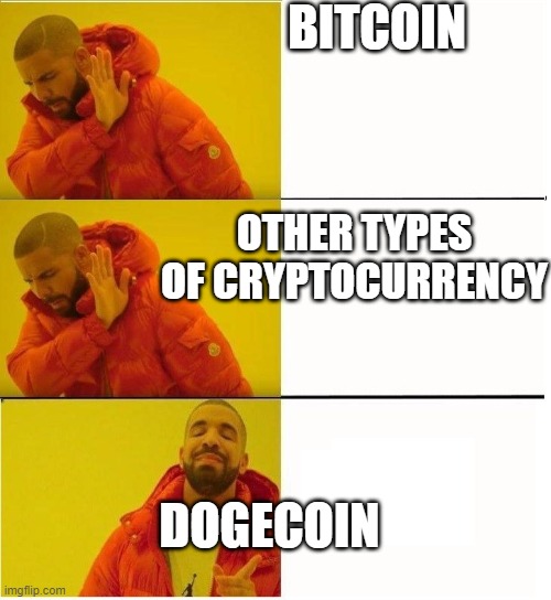 BITCOIN OTHER TYPES OF CRYPTOCURRENCY DOGECOIN | image tagged in drake 3 row | made w/ Imgflip meme maker
