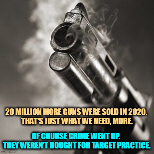 Donald Trump's very own smoking gun | 20 MILLION MORE GUNS WERE SOLD IN 2020. 
THAT'S JUST WHAT WE NEED, MORE. OF COURSE CRIME WENT UP. 
THEY WEREN'T BOUGHT FOR TARGET PRACTICE. | image tagged in donald trump's very own smoking gun,pandemic,guns,crime | made w/ Imgflip meme maker