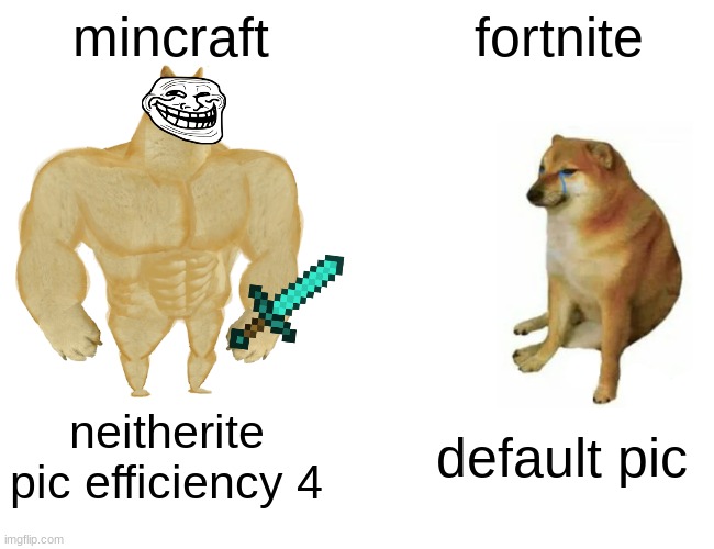 Buff Doge vs. Cheems Meme | mincraft; fortnite; neitherite pic efficiency 4; default pic | image tagged in memes,buff doge vs cheems | made w/ Imgflip meme maker