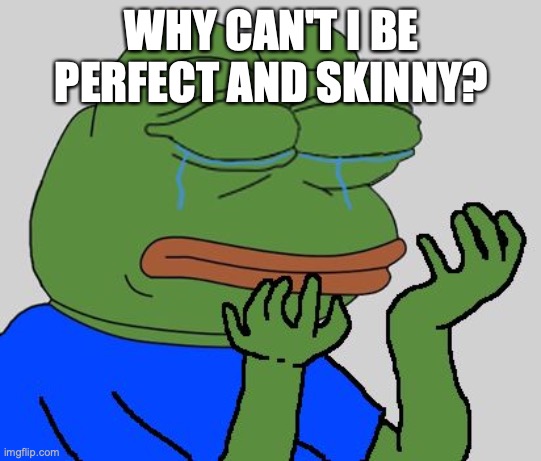 pepe cry |  WHY CAN'T I BE PERFECT AND SKINNY? | image tagged in pepe cry | made w/ Imgflip meme maker