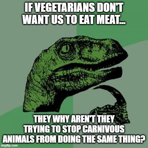 Hypocritical Isn't It? |  IF VEGETARIANS DON'T WANT US TO EAT MEAT... THEY WHY AREN'T THEY TRYING TO STOP CARNIVOUS ANIMALS FROM DOING THE SAME THING? | image tagged in memes,philosoraptor | made w/ Imgflip meme maker