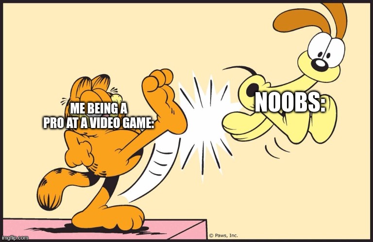 Garfield kicking odie | NOOBS:; ME BEING A PRO AT A VIDEO GAME: | image tagged in garfield kicking odie | made w/ Imgflip meme maker