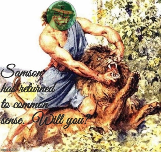 Propaganda (he dumped a chick named Delilah) |  Samson has returned to common sense.  Will you? | image tagged in rmk,kinda looks like a sloth meme,sloth alt,based propaganda | made w/ Imgflip meme maker