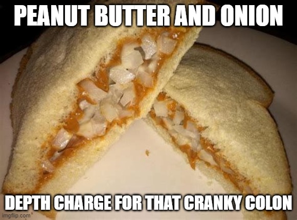 @peanut butter onion sandwich pesky colon | PEANUT BUTTER AND ONION; DEPTH CHARGE FOR THAT CRANKY COLON | image tagged in funny | made w/ Imgflip meme maker