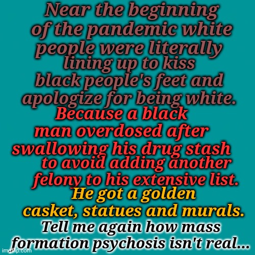Tell Me Again How Mass Formation Psychosis Isn't Real... | Near the beginning of the pandemic white people were literally; lining up to kiss black people's feet and apologize for being white. Because a black man overdosed after swallowing his drug stash; to avoid adding another felony to his extensive list. He got a golden casket, statues and murals. Tell me again how mass formation psychosis isn't real... | image tagged in brainwashed,lemmings | made w/ Imgflip meme maker