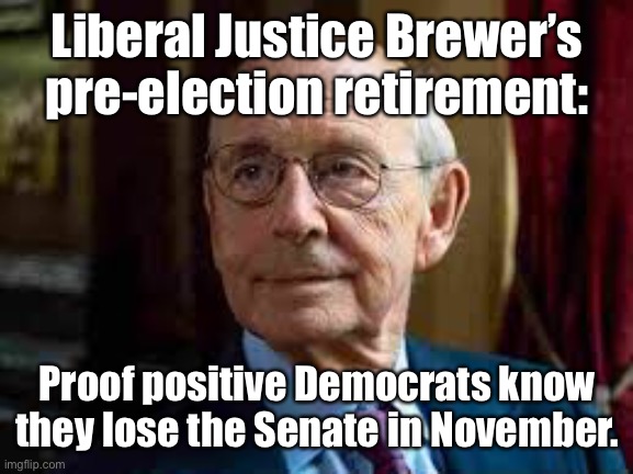 Liberal Justice Brewer’s pre-election retirement:; Proof positive Democrats know they lose the Senate in November. | image tagged in stephen breyer,supreme court,liberal,retirement,us senate,2022 midterm elections | made w/ Imgflip meme maker