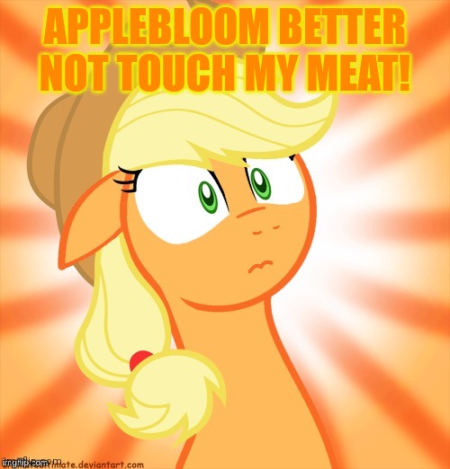 Shocked Applejack | APPLEBLOOM BETTER NOT TOUCH MY MEAT! | image tagged in shocked applejack | made w/ Imgflip meme maker