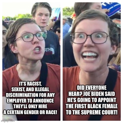 SJW’s go “SQUEEEEEE!” | DID EVERYONE HEAR? JOE BIDEN SAID HE’S GOING TO APPOINT THE FIRST BLACK FEMALE TO THE SUPREME COURT! IT’S RACIST, SEXIST, AND ILLEGAL DISCRIMINATION FOR ANY EMPLOYER TO ANNOUNCE THEY’LL ONLY HIRE A CERTAIN GENDER OR RACE! | image tagged in memes,supreme court,joe biden,justice breyer,leftist hypocracy,american marxism | made w/ Imgflip meme maker