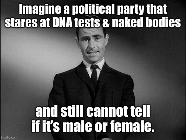 You have entered - the Liberal Zone | Imagine a political party that stares at DNA tests & naked bodies; and still cannot tell if it’s male or female. | image tagged in rod serling twilight zone,gender,de,democrats | made w/ Imgflip meme maker
