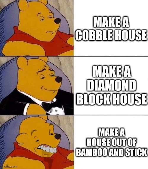 Best,Better, Blurst | MAKE A COBBLE HOUSE; MAKE A DIAMOND BLOCK HOUSE; MAKE A HOUSE OUT OF BAMBOO AND STICK | image tagged in best better blurst | made w/ Imgflip meme maker