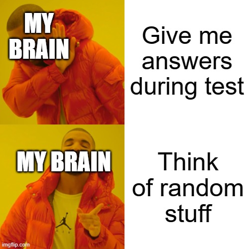 Drake Hotline Bling Meme | Give me answers during test Think of random stuff MY BRAIN MY BRAIN | image tagged in memes,drake hotline bling | made w/ Imgflip meme maker