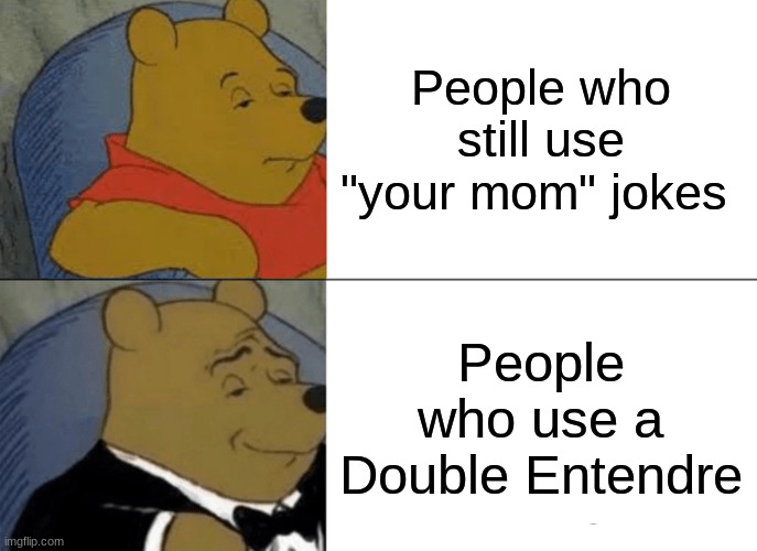 Tuxedo Winnie The Pooh Meme | People who still use "your mom" jokes; People who use a Double Entendre | image tagged in memes,tuxedo winnie the pooh | made w/ Imgflip meme maker