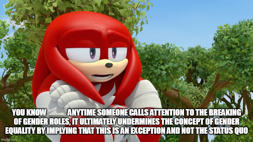 Leaving a part of the actual dialogue so y'all can easily use that space to edit and specify whoever y'all want to send this to |  YOU KNOW ____ ANYTIME SOMEONE CALLS ATTENTION TO THE BREAKING OF GENDER ROLES, IT ULTIMATELY UNDERMINES THE CONCEPT OF GENDER EQUALITY BY IMPLYING THAT THIS IS AN EXCEPTION AND NOT THE STATUS QUO | image tagged in sonic boom,knuckles,feminist,smart,epic,why are you reading the tags | made w/ Imgflip meme maker