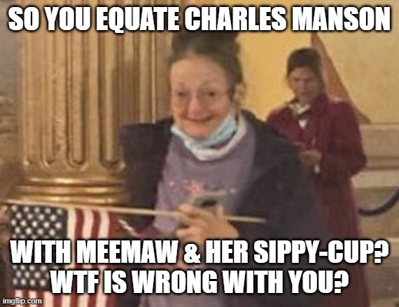 SO YOU EQUATE CHARLES MANSON WITH MEEMAW & HER SIPPY-CUP?
WTF IS WRONG WITH YOU? | made w/ Imgflip meme maker