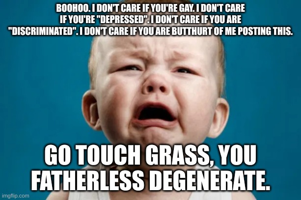 took me 5 minutes to write | BOOHOO. I DON'T CARE IF YOU'RE GAY. I DON'T CARE IF YOU'RE "DEPRESSED". I DON'T CARE IF YOU ARE "DISCRIMINATED". I DON'T CARE IF YOU ARE BUTTHURT OF ME POSTING THIS. GO TOUCH GRASS, YOU FATHERLESS DEGENERATE. | image tagged in crybaby | made w/ Imgflip meme maker