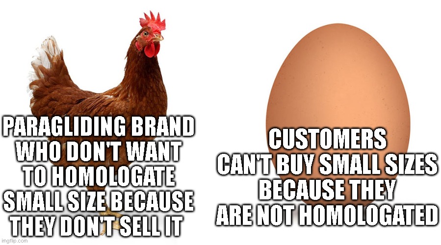 Choice | PARAGLIDING BRAND
WHO DON'T WANT TO HOMOLOGATE SMALL SIZE BECAUSE THEY DON'T SELL IT; CUSTOMERS CAN'T BUY SMALL SIZES
BECAUSE THEY ARE NOT HOMOLOGATED | image tagged in chicken and egg | made w/ Imgflip meme maker
