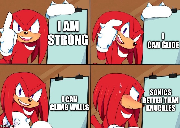 knuckles | I CAN GLIDE; I AM STRONG; SONICS BETTER THAN KNUCKLES; I CAN CLIMB WALLS | image tagged in knuckles | made w/ Imgflip meme maker