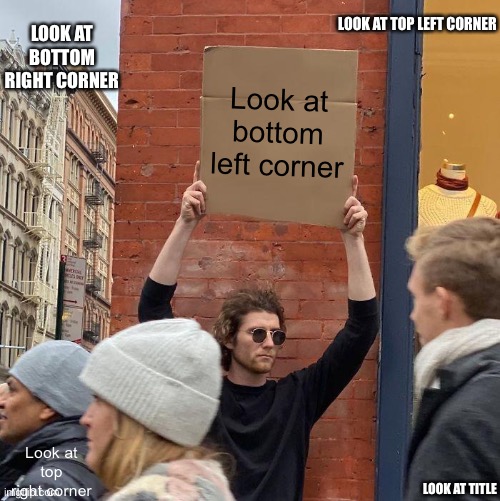 Look at comments | LOOK AT TOP LEFT CORNER; LOOK AT BOTTOM RIGHT CORNER; Look at bottom left corner; Look at top right corner; LOOK AT TITLE | image tagged in memes,guy holding cardboard sign | made w/ Imgflip meme maker