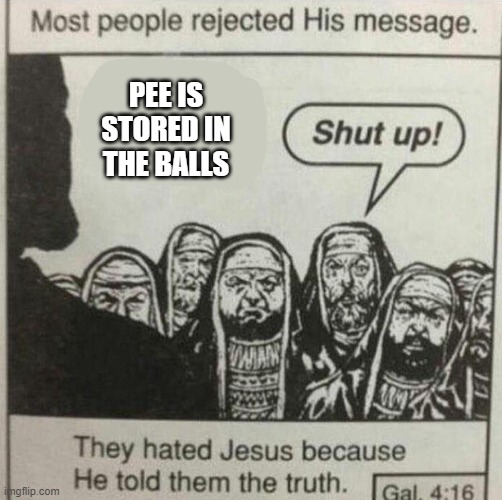 he speaketh the truth | PEE IS STORED IN THE BALLS | image tagged in jesus tells the truth | made w/ Imgflip meme maker
