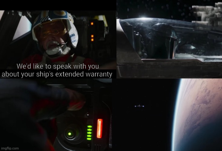Run-away Mando - Car's extended warranty | We'd like to speak with you about your ship's extended warranty | image tagged in mandolorian,the mandalorian,boba fett,escape,run away,extended warranty | made w/ Imgflip meme maker