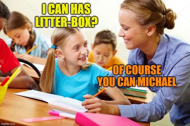 the absolute state of schooling in the 21st century | I CAN HAS LITTER-BOX? OF COURSE YOU CAN MICHAEL | image tagged in cultural marxism,idiocracy,litter-box,gender identity | made w/ Imgflip meme maker