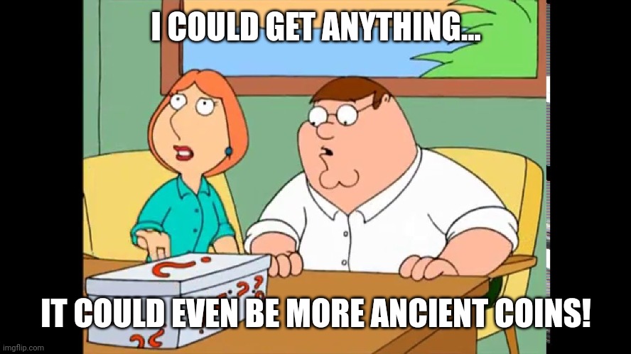 Family Guy Mystery Box | I COULD GET ANYTHING... IT COULD EVEN BE MORE ANCIENT COINS! | image tagged in family guy mystery box | made w/ Imgflip meme maker