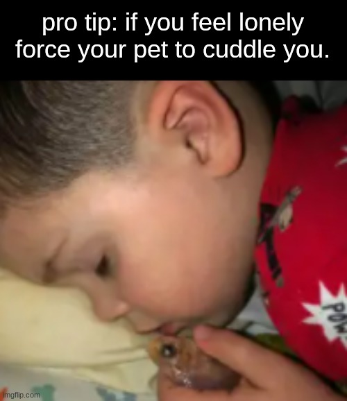 pro tip: if you feel lonely force your pet to cuddle you. | made w/ Imgflip meme maker