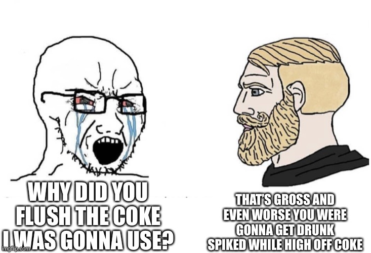 Straight edge in da club | THAT’S GROSS AND EVEN WORSE YOU WERE GONNA GET DRUNK SPIKED WHILE HIGH OFF COKE; WHY DID YOU FLUSH THE COKE I WAS GONNA USE? | image tagged in soyboy vs yes chad | made w/ Imgflip meme maker